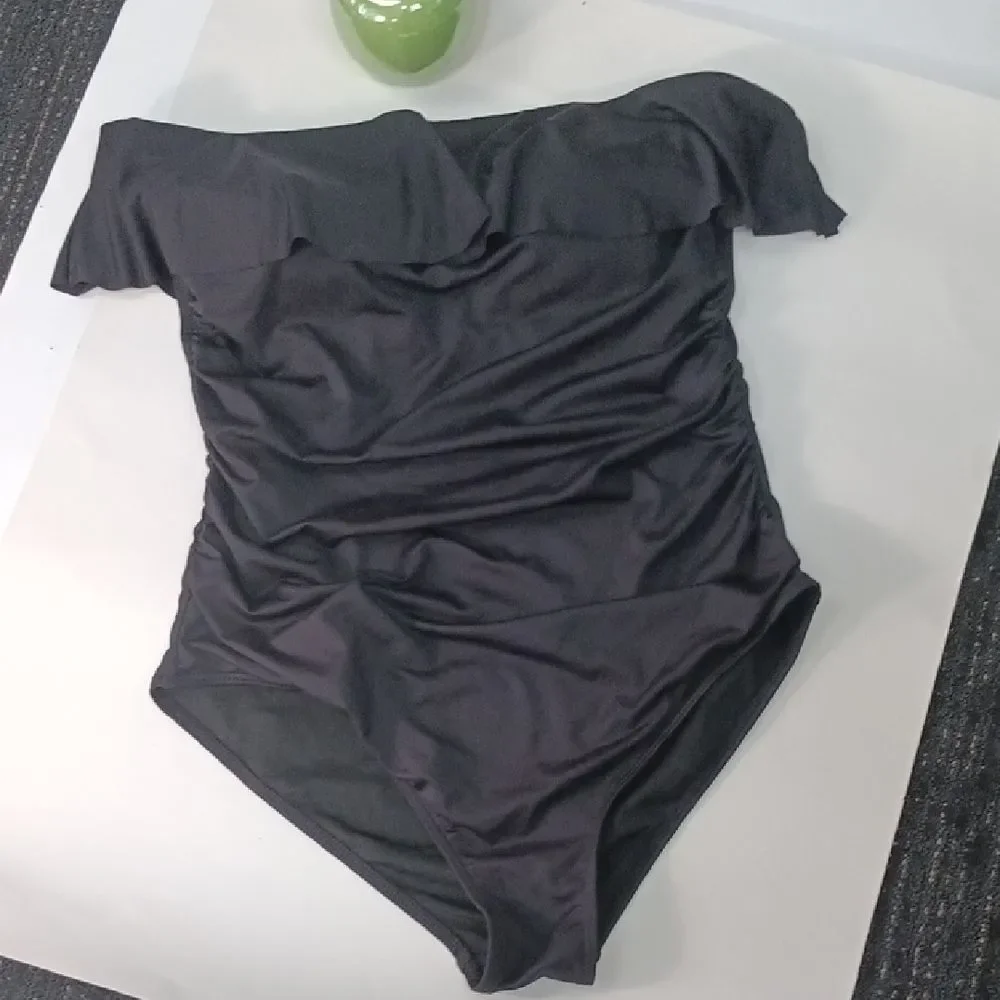 Holipic Elegant Black Ruffle Bandeau Tummy Comtrol One-Piece Swimsuit sz XL